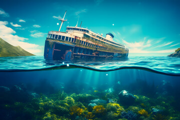 Lost cruise ship abandoned lost in the ocean off uninhabited islands.