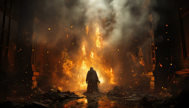 Tenebrist recreation of one monk with robe and hood seen from back inside a big temple in fire. Illustration AI