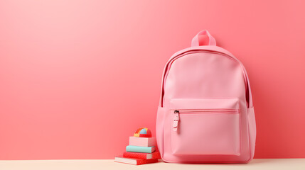 Ai generative illustration back to school backpack  copy space banner photo fall autumn season, kindergarten childish kid season.