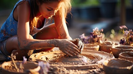 Woman doing pottery with her hands