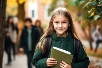 Portrait of a friendly girl with a book or notebook in her hands going to school.