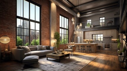 Fototapeta na wymiar Interior of modern living room with brick wall and wooden floor. 3d rendering