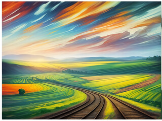 Railway fields landscape. AI generated illustration