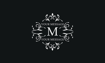 Fototapeta na wymiar Luxury vector logo sign with letter M. Elegant ornament, monogram with place for text.