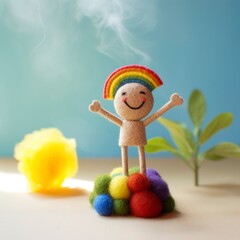 Wool felt miniature sculpture, a smiling rainbow floating in the air