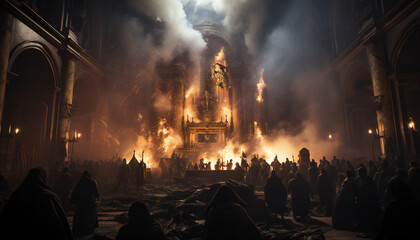 Tenebrist recreation of fire inside a big cathedral with people. Illustration AI - obrazy, fototapety, plakaty