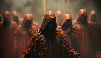 Tenebrist recreation of demonic monks in faceless robes and hoods. Illustration AI - obrazy, fototapety, plakaty