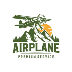 Vintage plane logo. Retro Grunge plane with emblem logo. Vector illustration