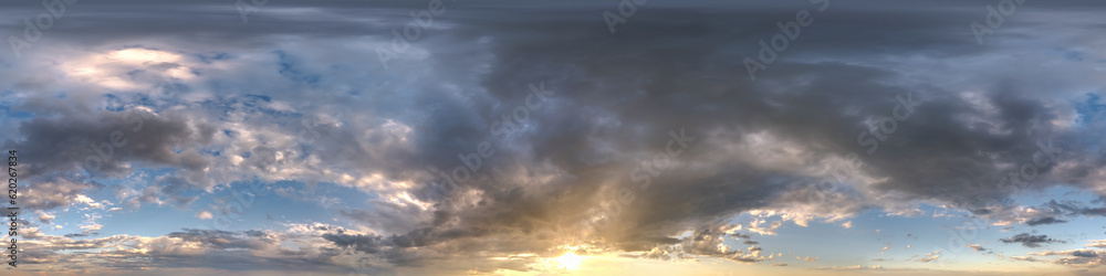 Wall mural sunset skydome with evening clouds as seamless hdri 360 panorama view in spherical equirectangular f