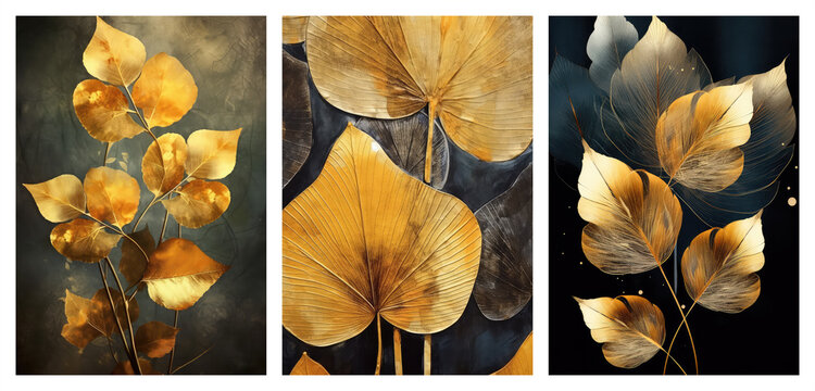 Set of leaves art posters, abstract modern concept art
