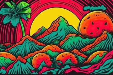illustration of a island and watermelon pop art collage style in neon bold color (Ai generated)
