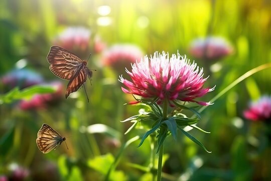 Wild flowers of clover and butterfly in a meadow (Ai generated)