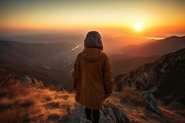 Woman traveler climbed into the sunset mountain landscape (Ai generated)