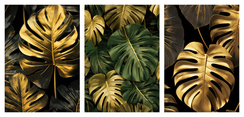 Set of monstera leaves art posters, abstract modern concept art