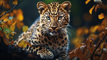 Acrylic prints Leopard Amur leopard in autumn front view. Save Amur leopard Rare animal. Ai generated