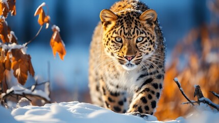 Amur leopard in nature in winter front view. Ai generated