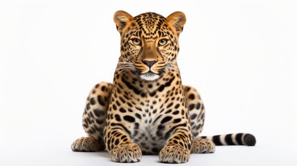 Amur leopard lies on white background front view. Dangerous and rare animal. Ai generated