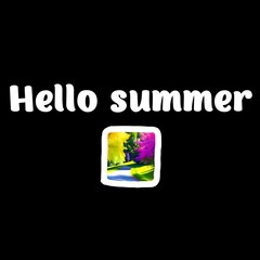 Text "Hello summer" with a park isolated on a black background. Lettering illustration