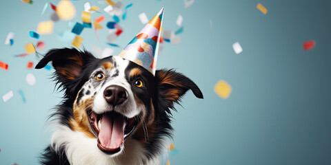 Happy cute dog in party hat celebrating birthday surrounded by falling confetti - obrazy, fototapety, plakaty