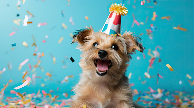 Happy Cute Dog In Party Hat Celebrating Birthday Surrounded By Falling Confetti