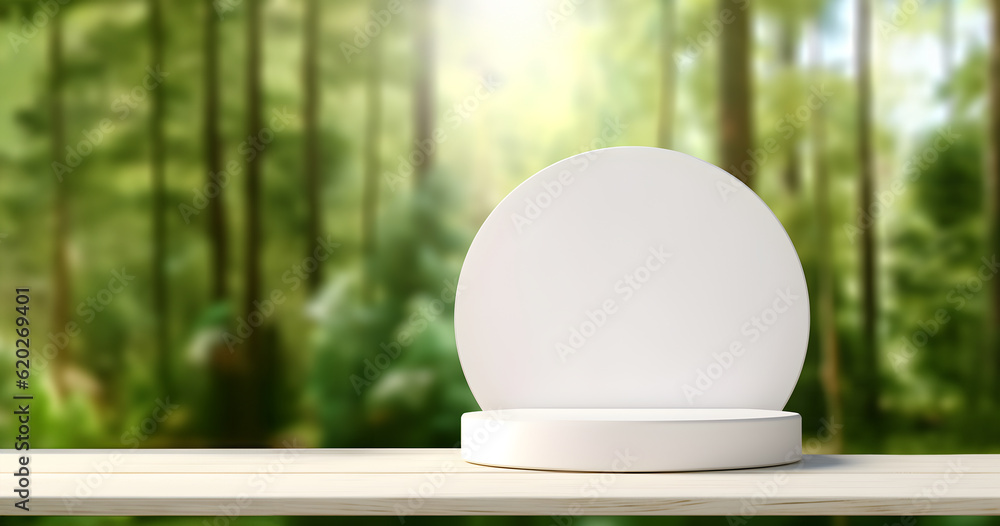 Poster creative mock concept. empty white podium on wooden wood table in front of blurred green forest jung