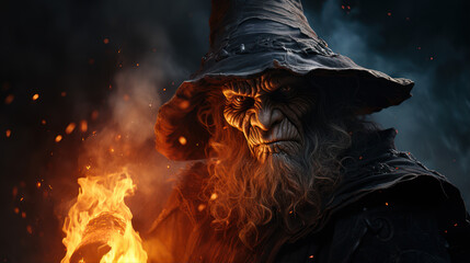 Old man in a hood with a burning fire in his hands.