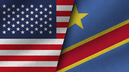 Democratic Republic of Congo and USA Realistic Two Flags Together, 3D Illustration