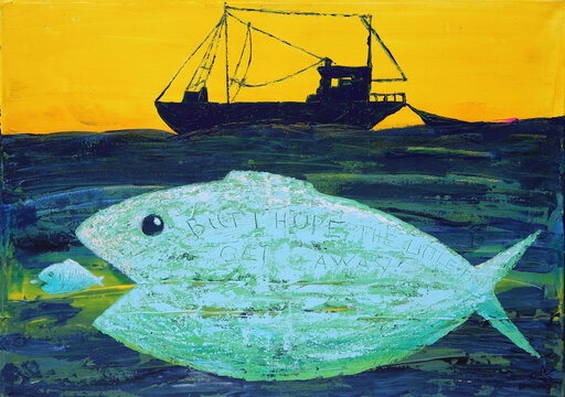 Abstract art painting the big fish eat little fish