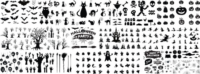 Collection of halloween silhouettes icon and character., witch, creepy and spooky elements for halloween decorations, silhouettes, sketch, icon, sticker. Hand drawn vector illustration - Vector  - obrazy, fototapety, plakaty