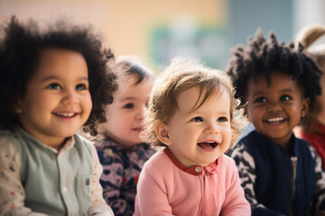 Small happy group of multiracial toddlers, sitting in classroom and looking in awe at their teacher.
