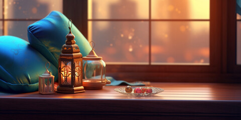 Obraz na płótnie Canvas Ramadan festival lantern and props on the floor background. Culture and religion concept. Digital art illustration