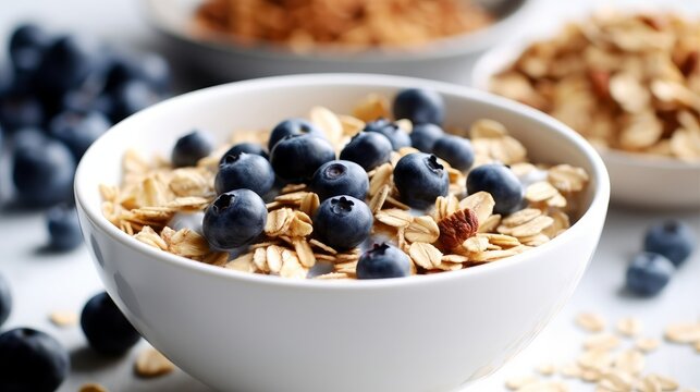 Muesli with nuts and blueberries on white background. AI generated