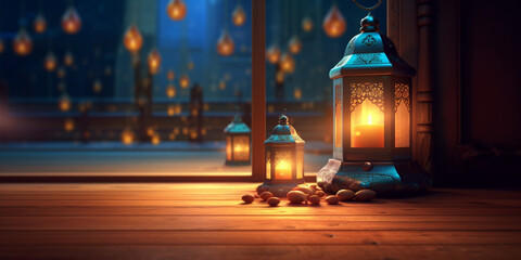 Ramadan festival lantern and props on the floor background. Culture and religion concept. Digital art illustration