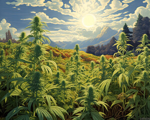 Cannabis Oasis: A Sunny Day in a Field of Bountiful Cannabis Plants