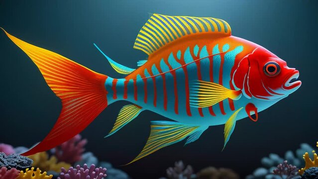 A colorful fish swimming against a dark background. Generative ai