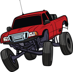 A contour drawing of a red SUV with huge wheels flying through the air. The illustration is hand-drawn in ink.