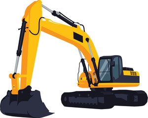 A yellow excavator stands in front of us with the bucket down. Isolated on a white background. Layout of construction equipment