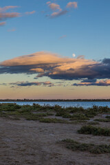 Lever de pleine lune au coucher du soleil sur le Bois des Aresquiers et l'Etang d'Ingril