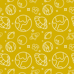 doodle space elements seamless pattern on yellow background. vector abstract illustration.