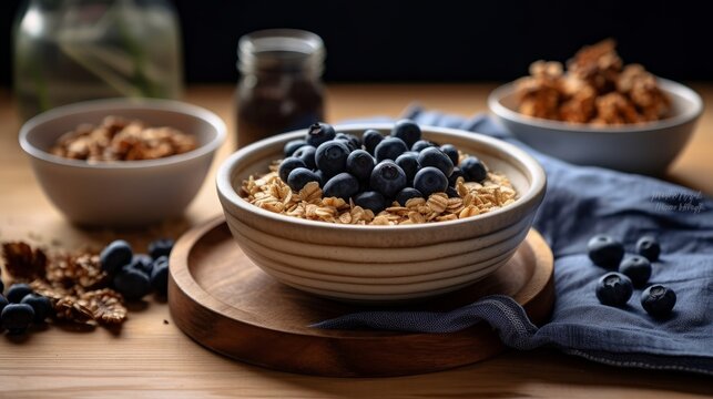 Morning indulgence muesli with nuts and blueberries on white background. AI generated