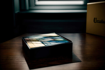 Fototapeta premium A Box Sitting On A Table In Front Of A Window