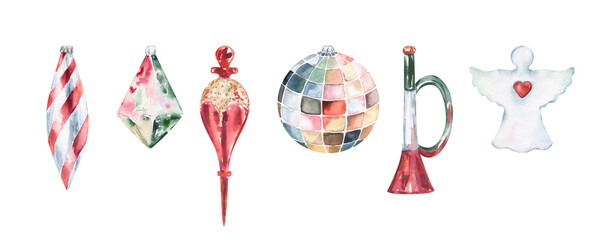 Glass christmas tree toys set. Winter fir tree vintage decor. Hand painted watercolor illustration isolated on white background. Decorative elements for festive design.