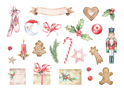 Watercolor set with Christmas toys. Nutracker clipart, soldier, ballet, holly. Hand drawn illustrations isolated on white background. Winter holiday vintage decor.