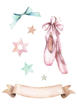 Watercolor set with pointe shoes,  ribbon, bow, stars. Girl clipart. Hand drawn illustrations isolated on white background. Classic vintage decor.