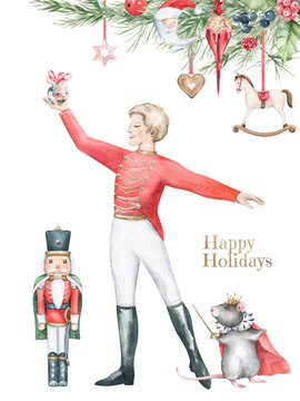 Watercolor Christmas illustration. Nutcracker, soldier, mouse king, vintage toys. Hand drawn artwork on white background. Winter holiday template for cards, invitations.