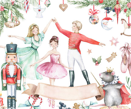 Watercolor Christmas illustration. Nutcracker classic ballet scene, soldier, ballerina, vintage toys. Hand drawn artwork on white background. Winter holiday decor for cards, invitations.