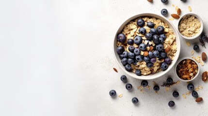 Fototapeta na wymiar Breakfast muesli with nuts and blueberries on white background. AI generated