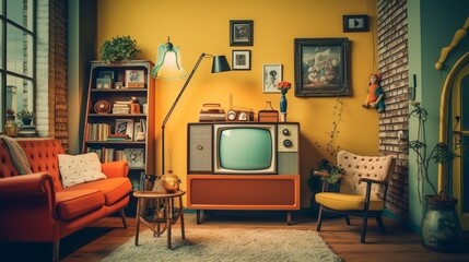 illustration, old classic tube television in a retro space, ai generative