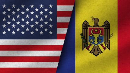 Moldova and USA Realistic Two Flags Together, 3D Illustration