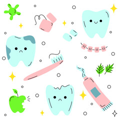 Cute doodle set teeth and toothbrush, toothpaste, dental floss. Teeth characters with different emotions. Smiling and sad mascot for oral hygiene, dental treatment.